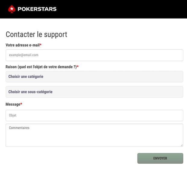 Formulaire PokerStars support