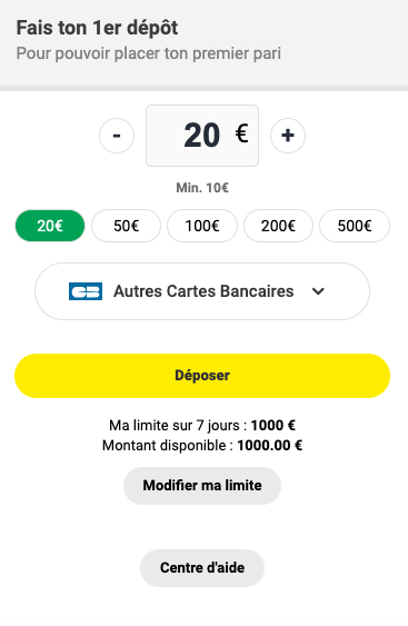 Dépôt à la création du compte Unibet